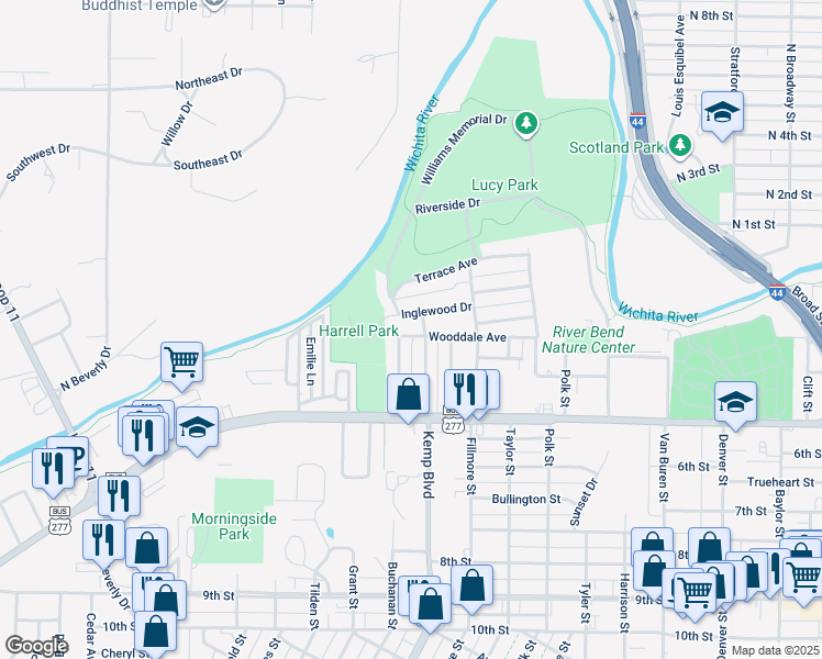 map of restaurants, bars, coffee shops, grocery stores, and more near 2604 Wooddale Avenue in Wichita Falls