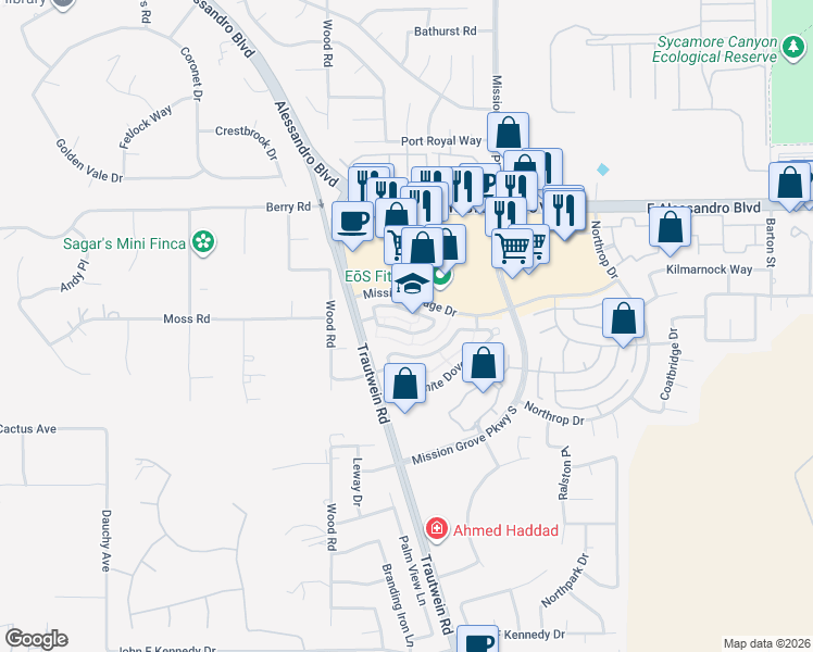 map of restaurants, bars, coffee shops, grocery stores, and more near 19159 Broken Bow Drive in Riverside