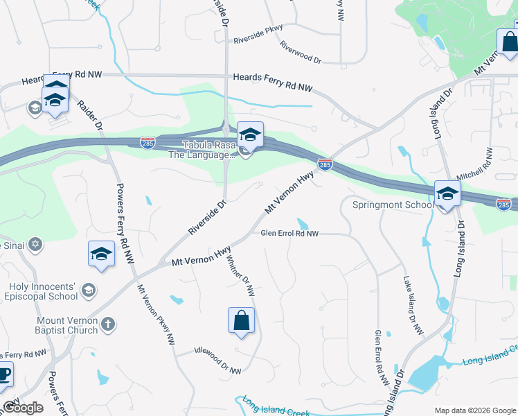map of restaurants, bars, coffee shops, grocery stores, and more near 525 Mount Vernon Highway in Atlanta