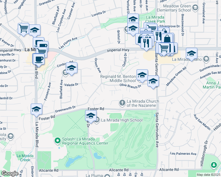 map of restaurants, bars, coffee shops, grocery stores, and more near 15518 Olive Branch Drive in La Mirada