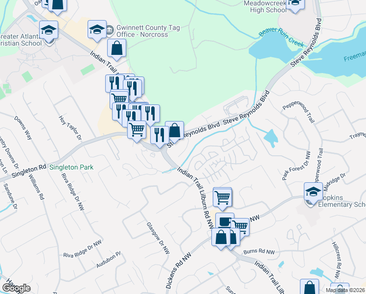 map of restaurants, bars, coffee shops, grocery stores, and more near 1108 Hillcrest Court Northwest in Norcross