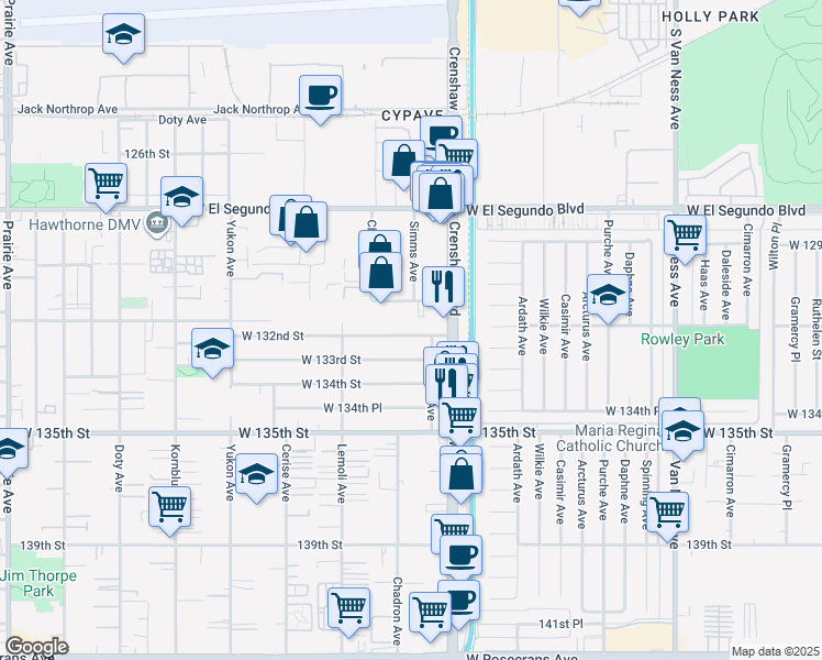 map of restaurants, bars, coffee shops, grocery stores, and more near 3145 West 132nd Street in Hawthorne