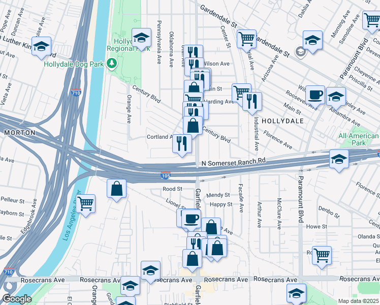 map of restaurants, bars, coffee shops, grocery stores, and more near 7453 Howery Street in South Gate