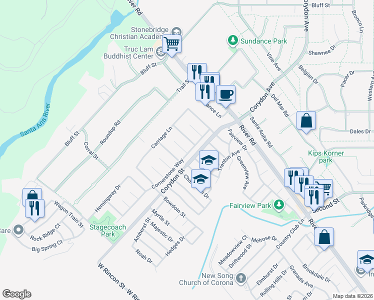 map of restaurants, bars, coffee shops, grocery stores, and more near 1278 Cornerstone Way in Corona