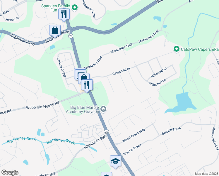 map of restaurants, bars, coffee shops, grocery stores, and more near 1419 Gates Mill Walk in Lawrenceville