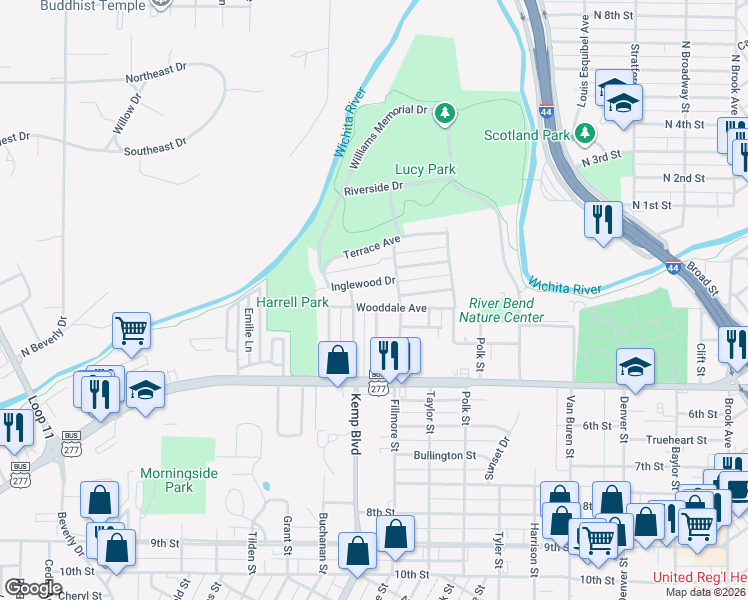 map of restaurants, bars, coffee shops, grocery stores, and more near 303 Rockwood Drive in Wichita Falls