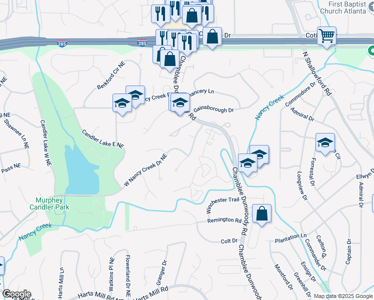 map of restaurants, bars, coffee shops, grocery stores, and more near 4044 Ashentree Drive in Atlanta