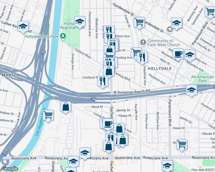 map of restaurants, bars, coffee shops, grocery stores, and more near 13733 Garfield Avenue in Paramount