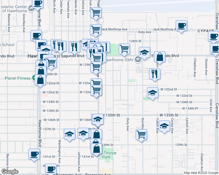 map of restaurants, bars, coffee shops, grocery stores, and more near 3912 West 132nd Street in Hawthorne
