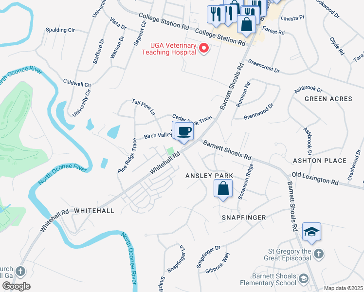map of restaurants, bars, coffee shops, grocery stores, and more near 150 Whitehall Rd in Athens