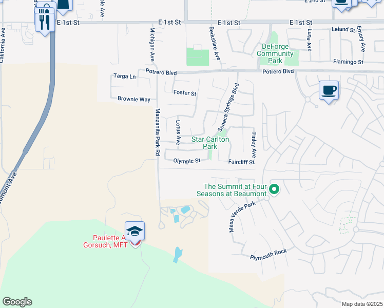 map of restaurants, bars, coffee shops, grocery stores, and more near 1315 Olympic Street in Beaumont