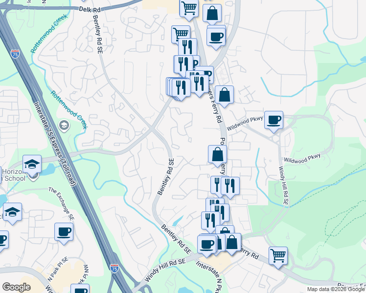 map of restaurants, bars, coffee shops, grocery stores, and more near 401 Wynnes Ridge Circle in Marietta