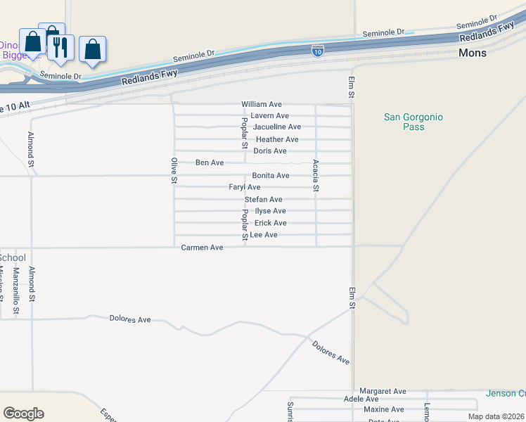 map of restaurants, bars, coffee shops, grocery stores, and more near Ilyse Avenue in Cabazon
