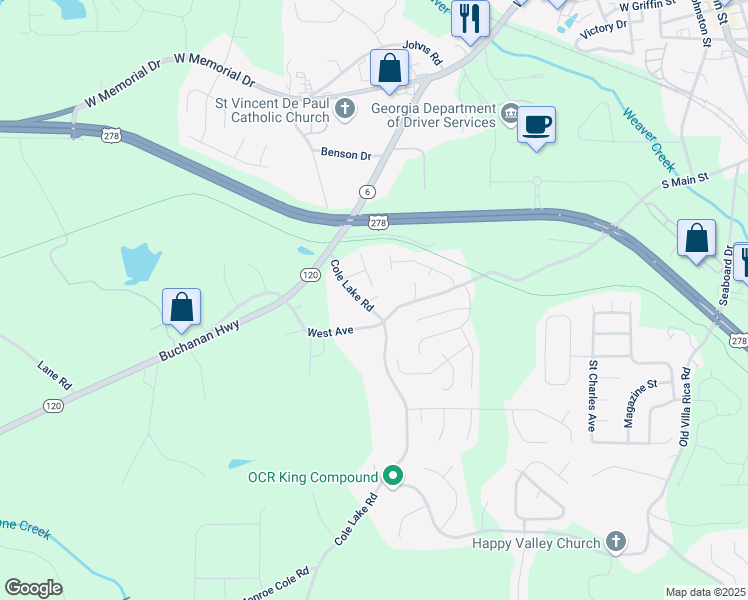 map of restaurants, bars, coffee shops, grocery stores, and more near 165 Cole Lake Road in Dallas