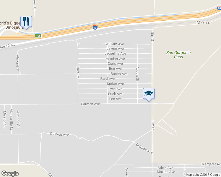 map of restaurants, bars, coffee shops, grocery stores, and more near Ilyse Avenue in Cabazon