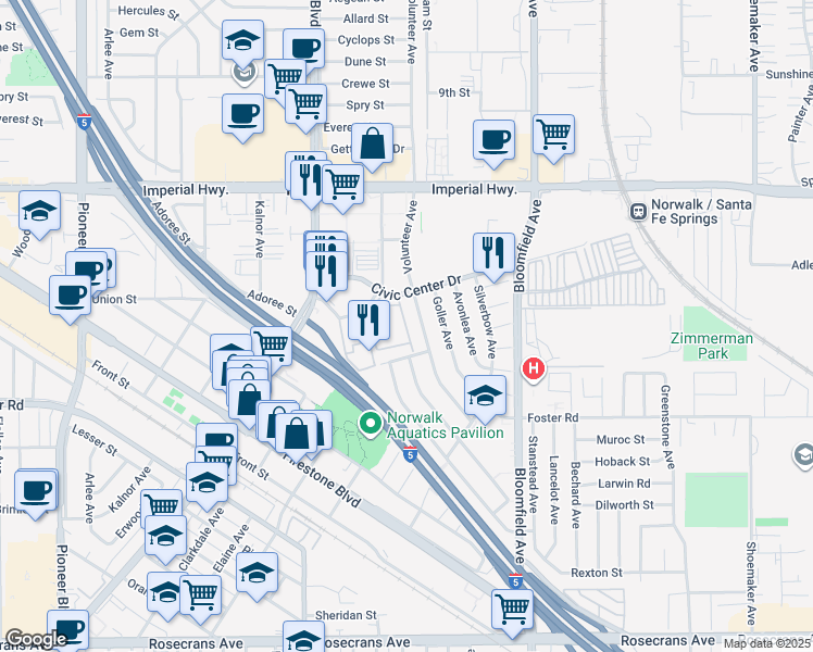map of restaurants, bars, coffee shops, grocery stores, and more near Sycamore Village Drive in Norwalk