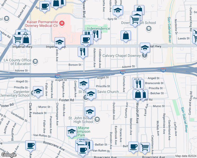 map of restaurants, bars, coffee shops, grocery stores, and more near 13027 Coldbrook Avenue in Downey