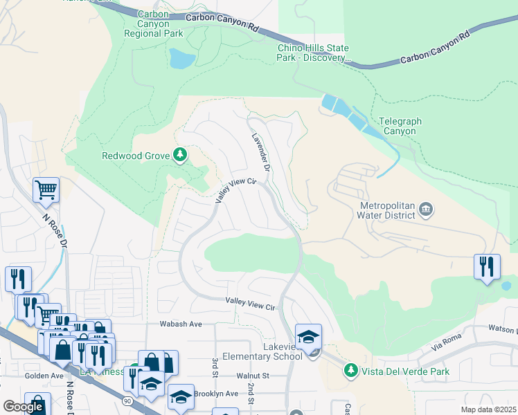 map of restaurants, bars, coffee shops, grocery stores, and more near 3449 Golden Poppy Way in Yorba Linda