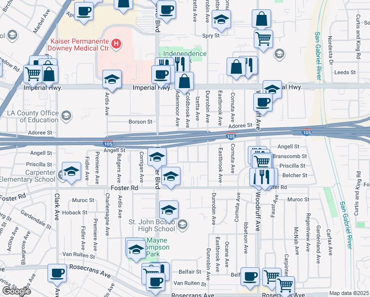 map of restaurants, bars, coffee shops, grocery stores, and more near 13027 Coldbrook Avenue in Downey