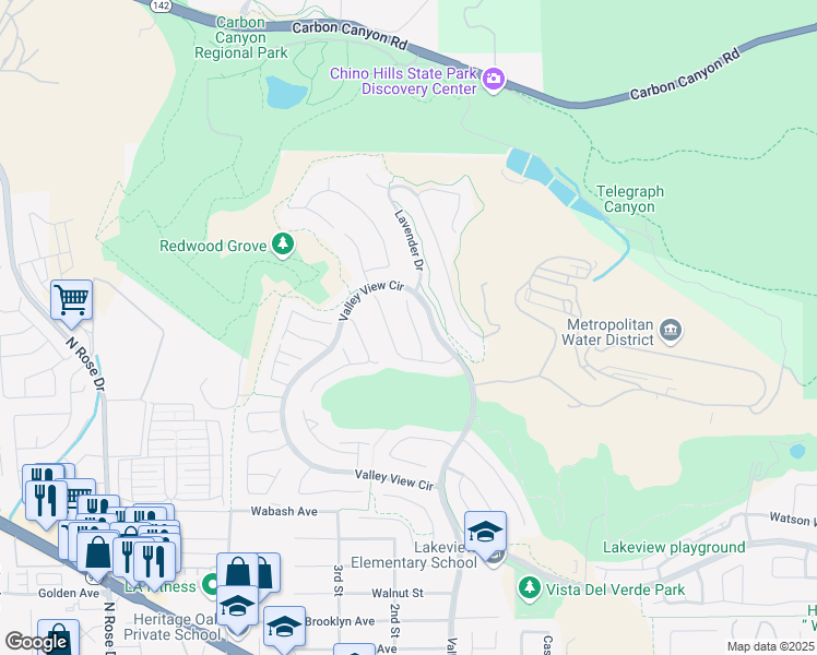 map of restaurants, bars, coffee shops, grocery stores, and more near 3449 Golden Poppy Way in Yorba Linda
