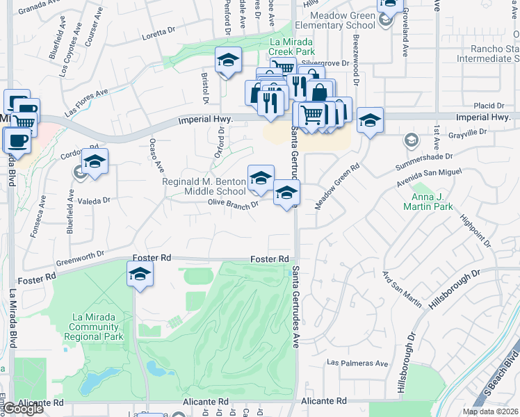 map of restaurants, bars, coffee shops, grocery stores, and more near 15676 Olive Branch Drive in La Mirada