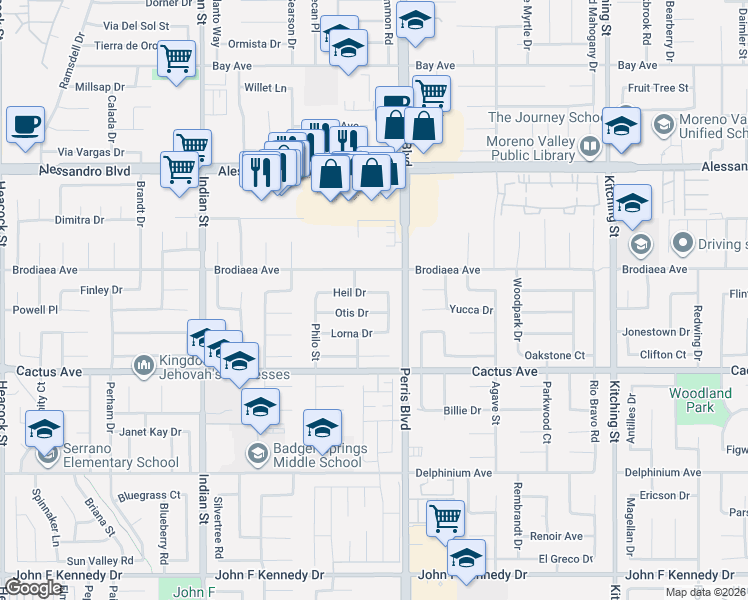 map of restaurants, bars, coffee shops, grocery stores, and more near 24915 Otis Drive in Moreno Valley