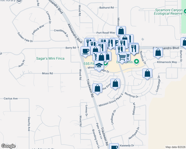map of restaurants, bars, coffee shops, grocery stores, and more near 19148 Broken Bow Drive in Riverside