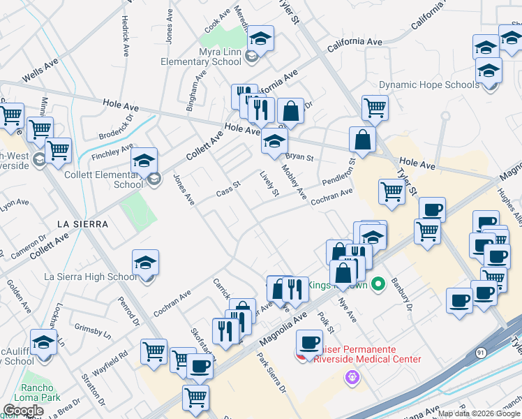 map of restaurants, bars, coffee shops, grocery stores, and more near 4016 Polk Street in Riverside