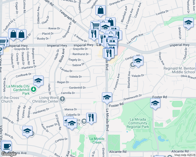 map of restaurants, bars, coffee shops, grocery stores, and more near 13129 Springford Drive in La Mirada