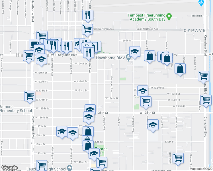 map of restaurants, bars, coffee shops, grocery stores, and more near 13231 Florwood Avenue in Hawthorne