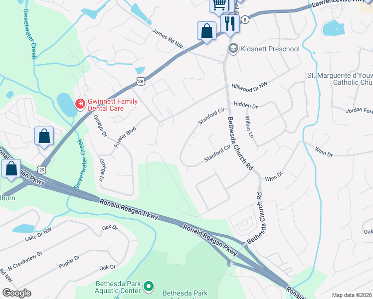 map of restaurants, bars, coffee shops, grocery stores, and more near 3246 Stanford Drive Northwest in Lawrenceville