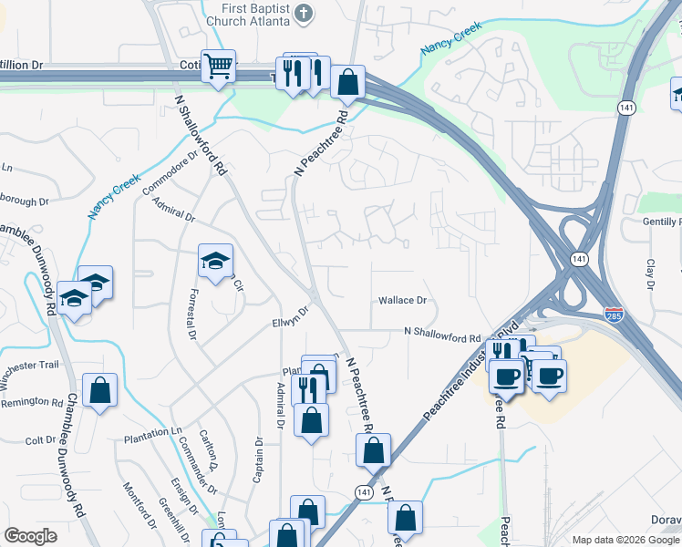 map of restaurants, bars, coffee shops, grocery stores, and more near 3995 Elm Street in Chamblee