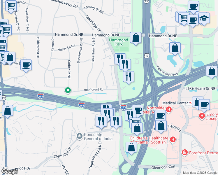 map of restaurants, bars, coffee shops, grocery stores, and more near 735 Glenforest Road in Atlanta