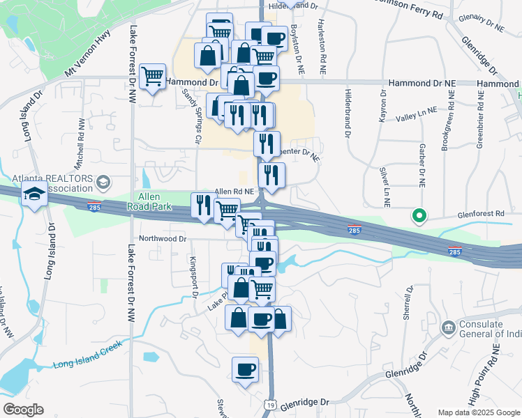 map of restaurants, bars, coffee shops, grocery stores, and more near 5750 Roswell Road Northeast in Atlanta