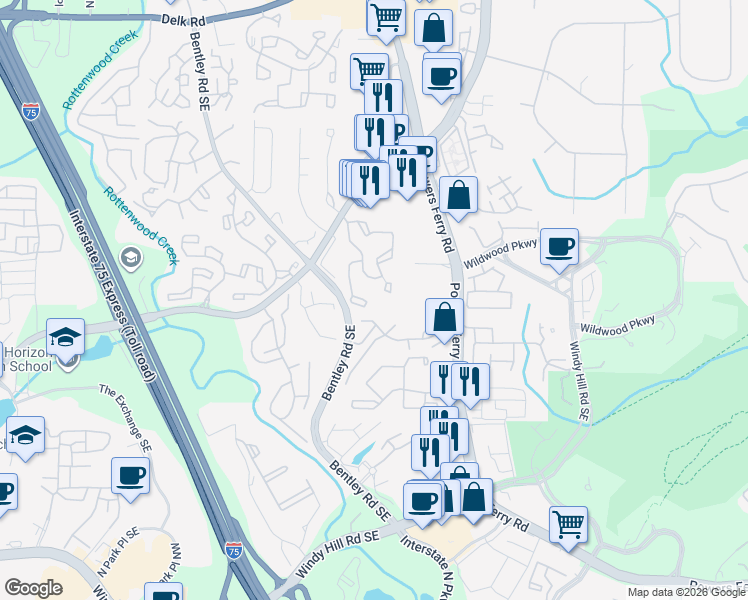 map of restaurants, bars, coffee shops, grocery stores, and more near 401 Wynnes Ridge Circle in Marietta