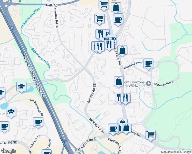 map of restaurants, bars, coffee shops, grocery stores, and more near 401 Wynnes Ridge Circle in Marietta