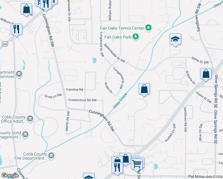 map of restaurants, bars, coffee shops, grocery stores, and more near 1636 Arden Drive Southwest in Marietta