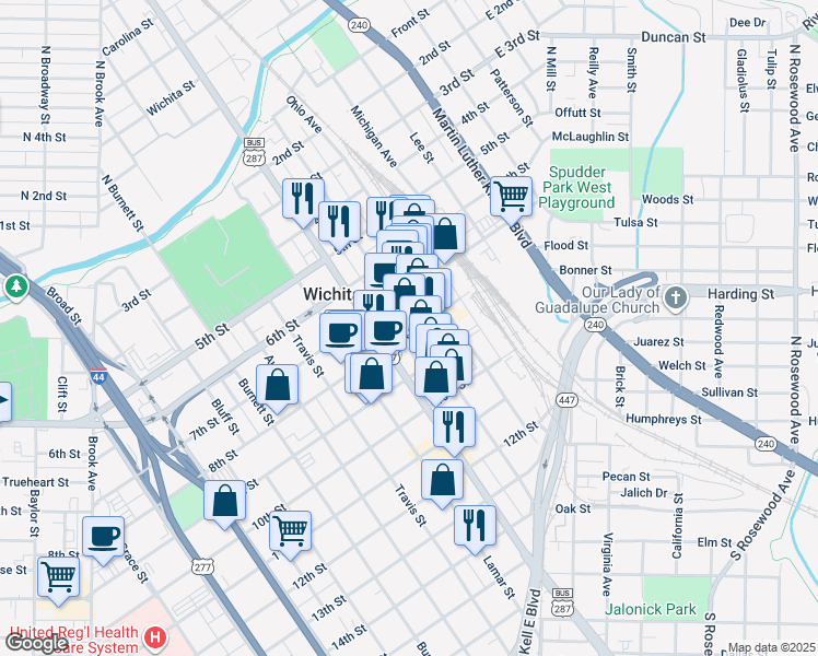 map of restaurants, bars, coffee shops, grocery stores, and more near 815 Scott Avenue in Wichita Falls