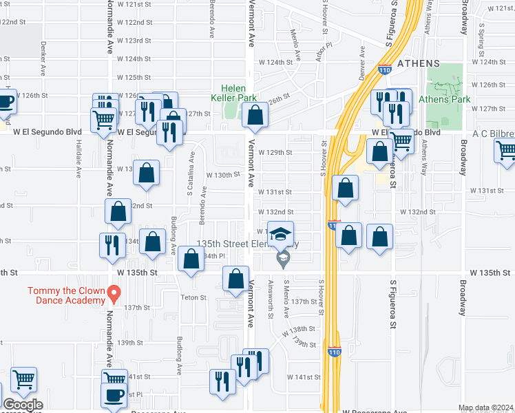 map of restaurants, bars, coffee shops, grocery stores, and more near 13126 South Vermont Avenue in Gardena