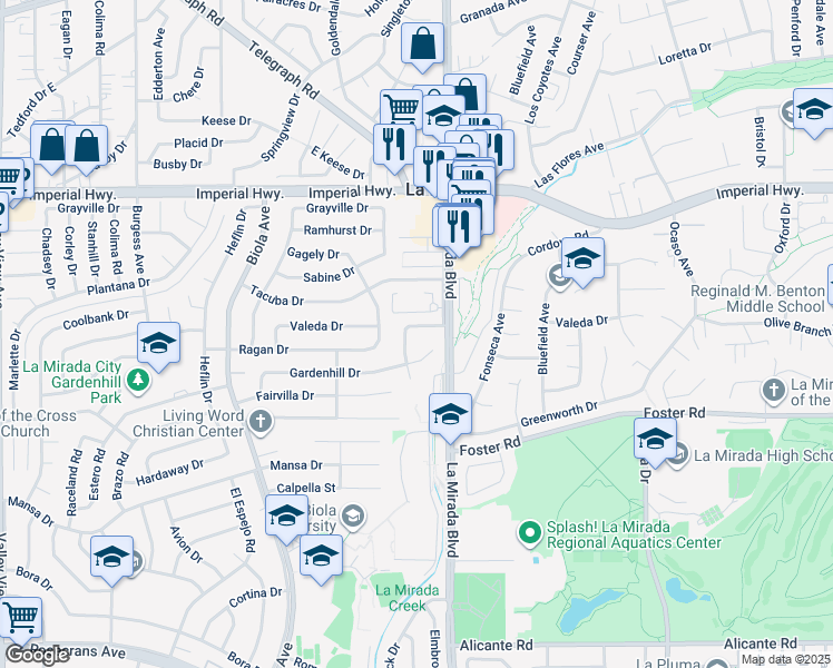 map of restaurants, bars, coffee shops, grocery stores, and more near 14916 Valeda Drive in La Mirada