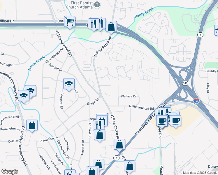 map of restaurants, bars, coffee shops, grocery stores, and more near 3995 Elm Street in Chamblee