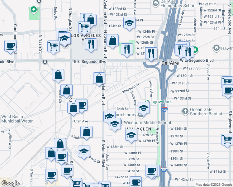 map of restaurants, bars, coffee shops, grocery stores, and more near 5511 Wiseburn Street in Hawthorne