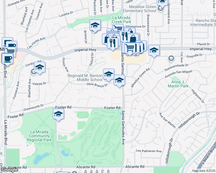 map of restaurants, bars, coffee shops, grocery stores, and more near 15676 Olive Branch Drive in La Mirada