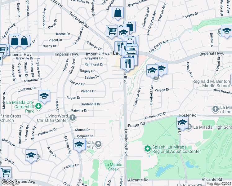 map of restaurants, bars, coffee shops, grocery stores, and more near 14916 Valeda Drive in La Mirada