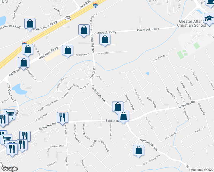 map of restaurants, bars, coffee shops, grocery stores, and more near 5586 Estates Court in Norcross