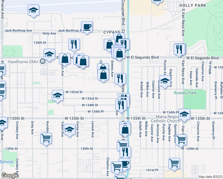 map of restaurants, bars, coffee shops, grocery stores, and more near 3145 West 132nd Street in Hawthorne