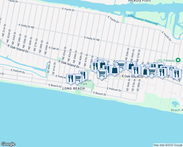 map of restaurants, bars, coffee shops, grocery stores, and more near 4815 East Oak Island Drive in Oak Island