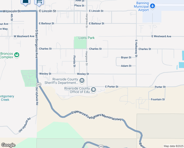 map of restaurants, bars, coffee shops, grocery stores, and more near Wesley Street in Banning
