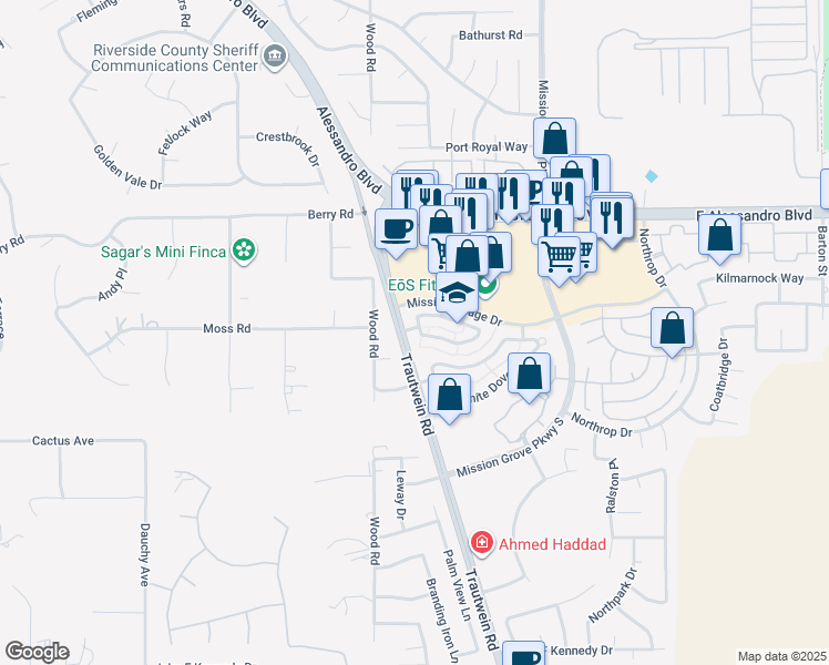 map of restaurants, bars, coffee shops, grocery stores, and more near 7619 Hillhurst Drive in Riverside