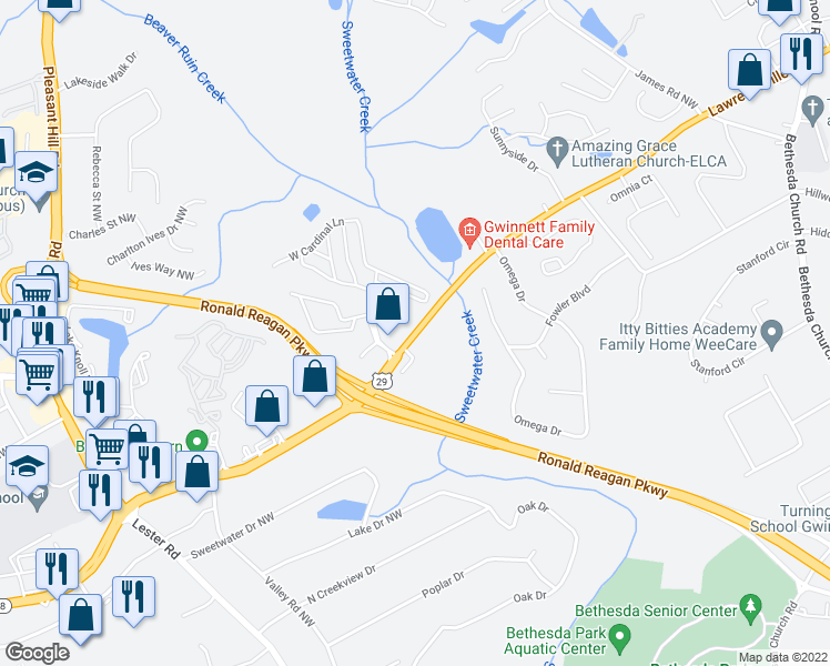 map of restaurants, bars, coffee shops, grocery stores, and more near 3545 Lawrenceville Highway in Lawrenceville